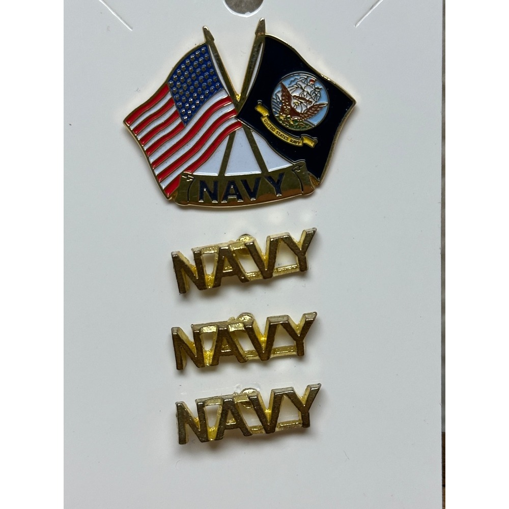 Unbranded Navy Lapel Pin Set American Flag USN Gold Tone 4 Piece Set